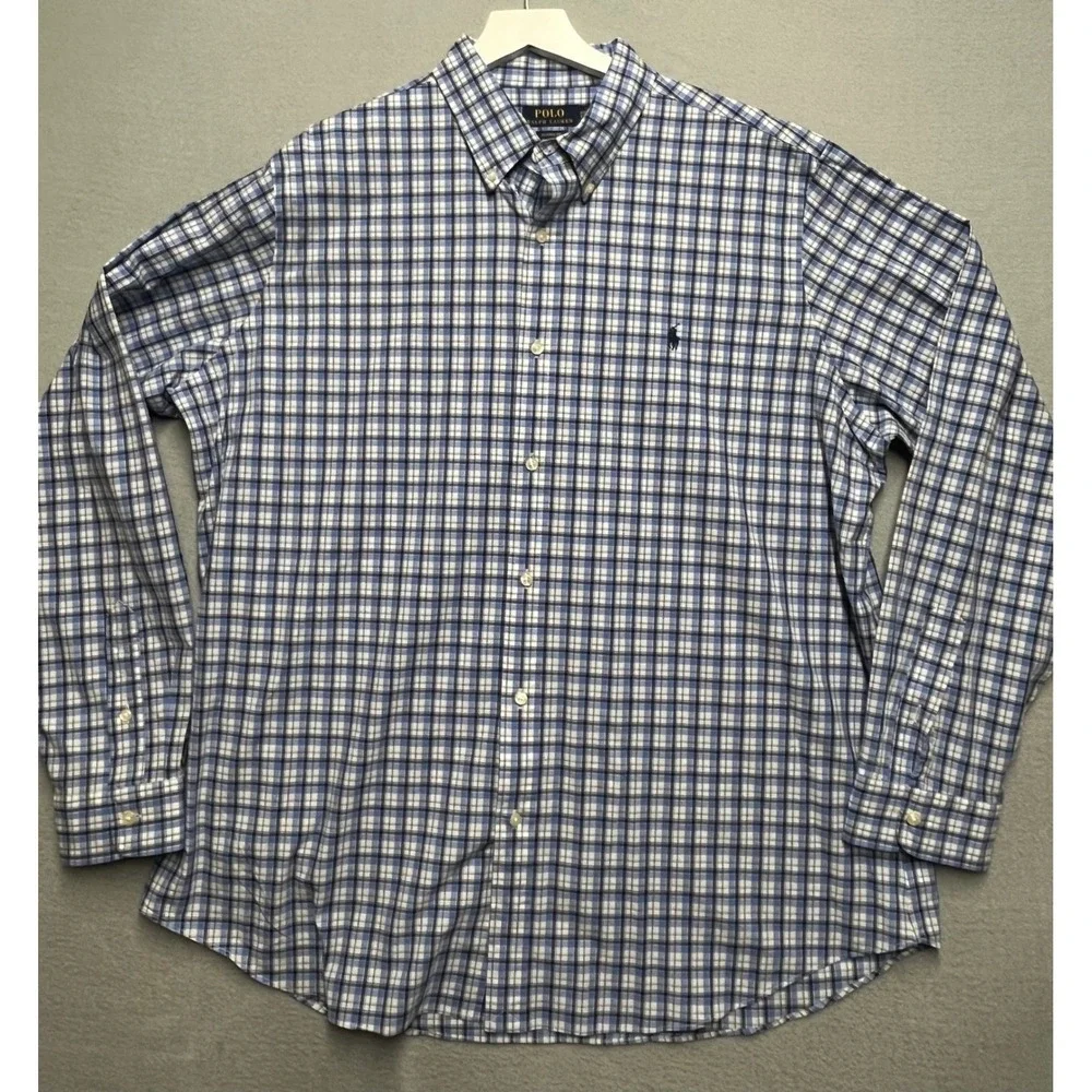 Polo Ralph Lauren Mens XXL Blue White Plaid Classic Fit Stretch Shirt 18.5 Neck